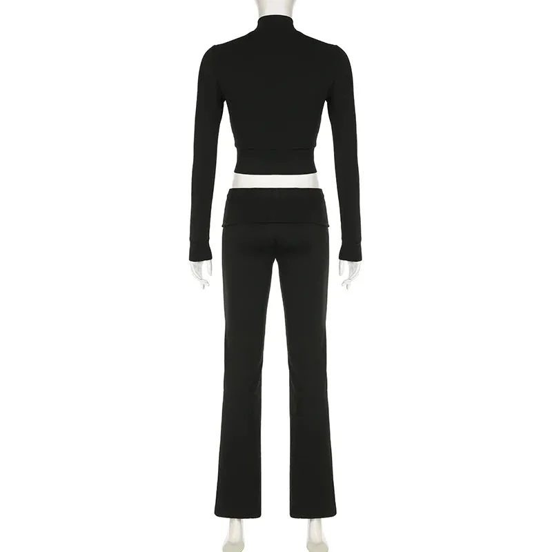 Streetwear Solid Skinny Spring Autumn Tracksuit Women Suits Two Pieces Set Zipper Top Low Waist Pants Sporty Casual