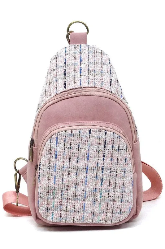 Tweed Retro Vegan Leather Crossbody Sling Shoulder Bag Convertible Wide Strap Purse