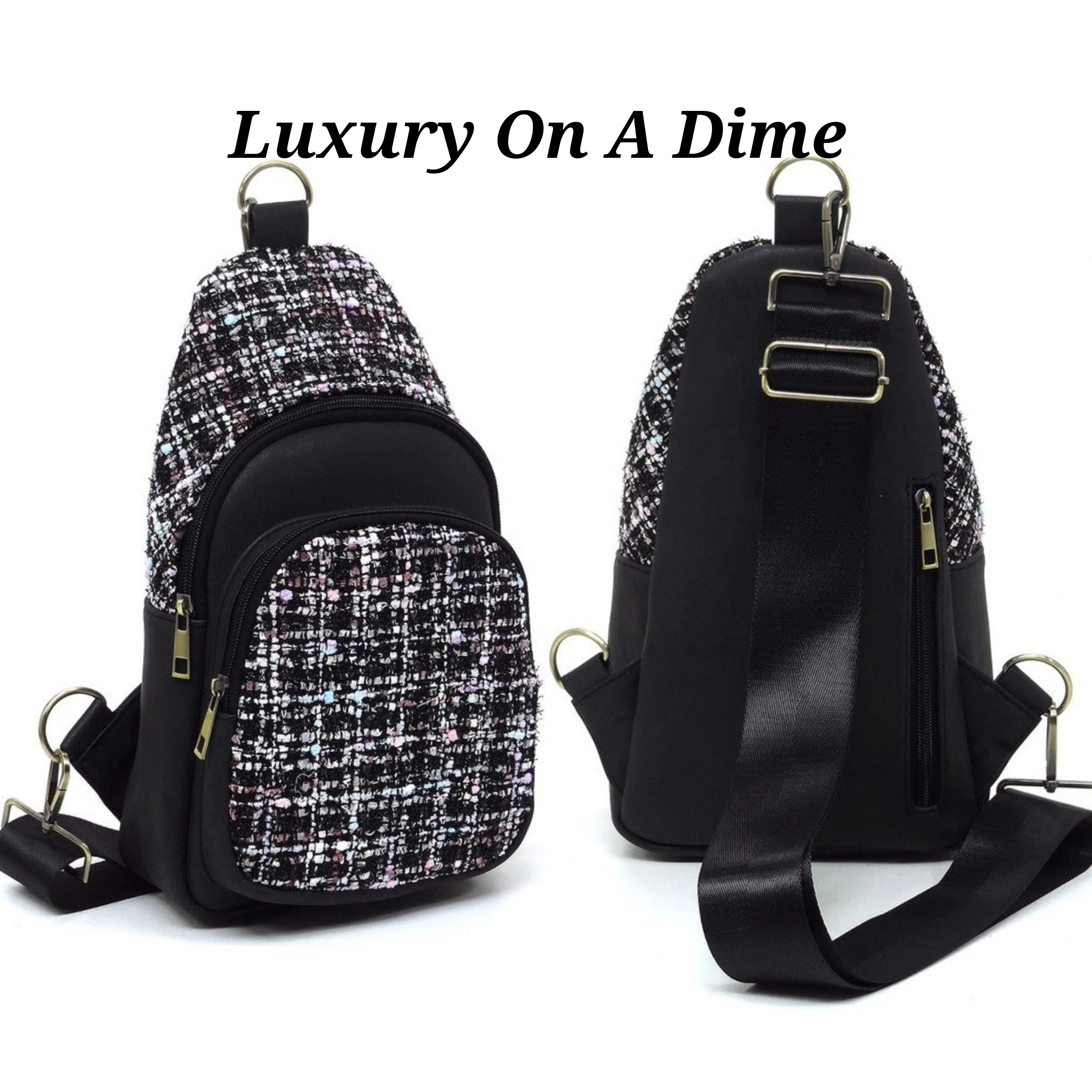 Tweed Retro Vegan Leather Crossbody Sling Shoulder Bag Convertible Wide Strap Purse