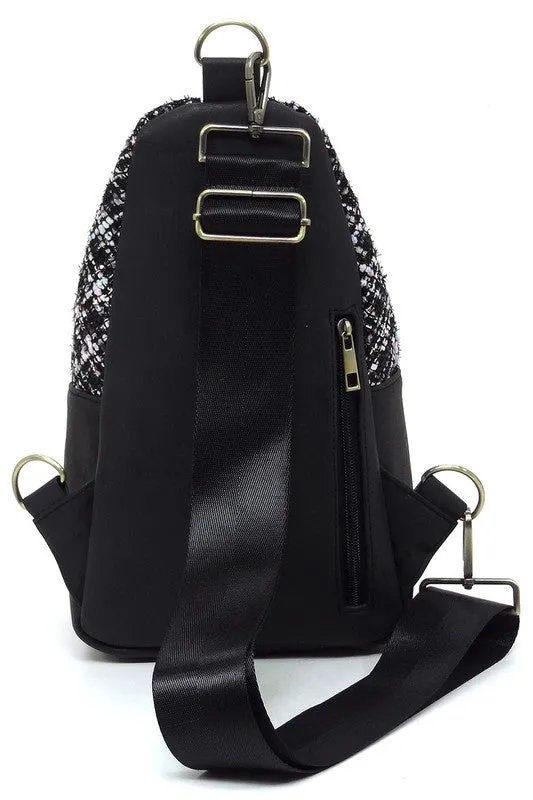 Tweed Retro Vegan Leather Crossbody Sling Shoulder Bag Convertible Wide Strap Purse