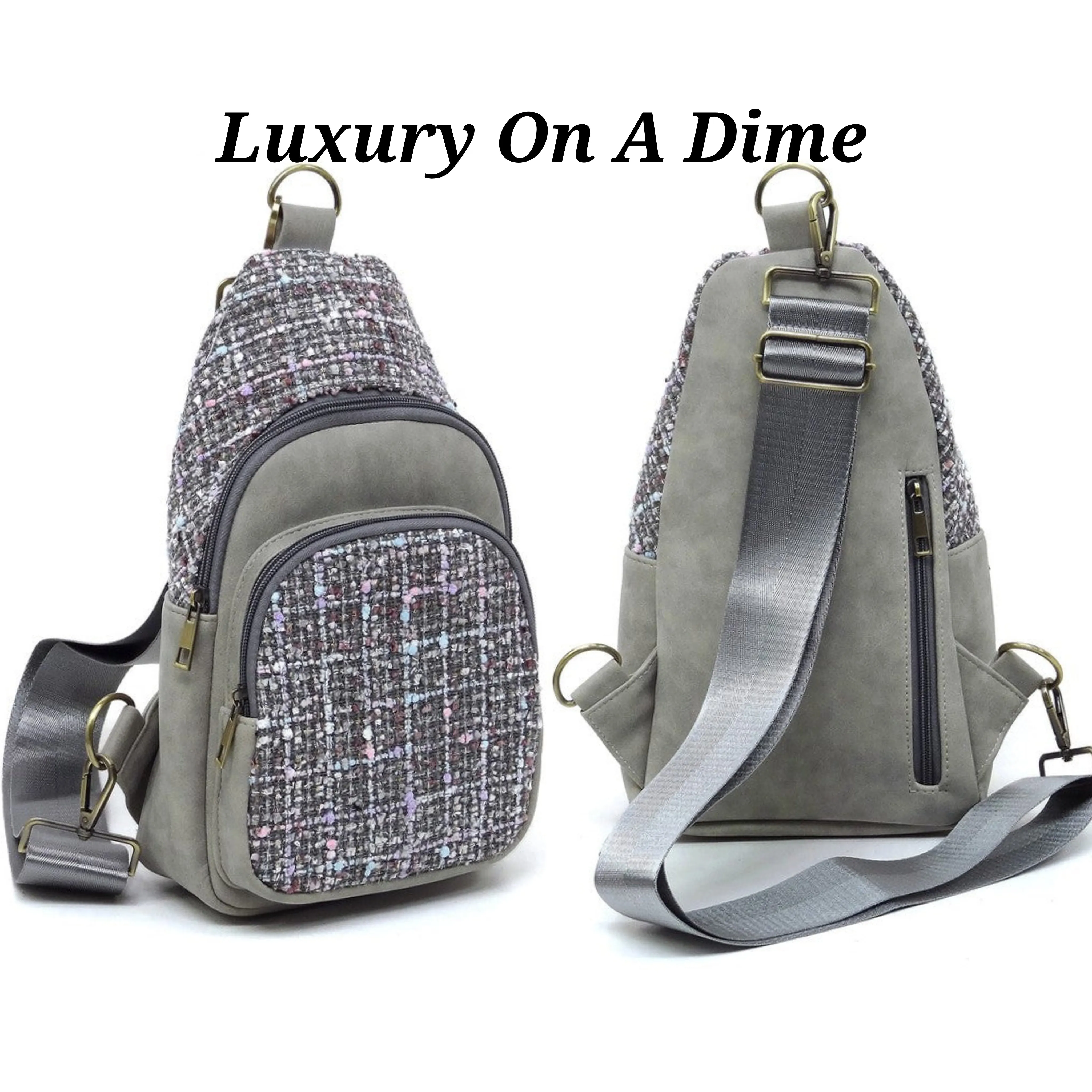 Tweed Retro Vegan Leather Crossbody Sling Shoulder Bag Convertible Wide Strap Purse