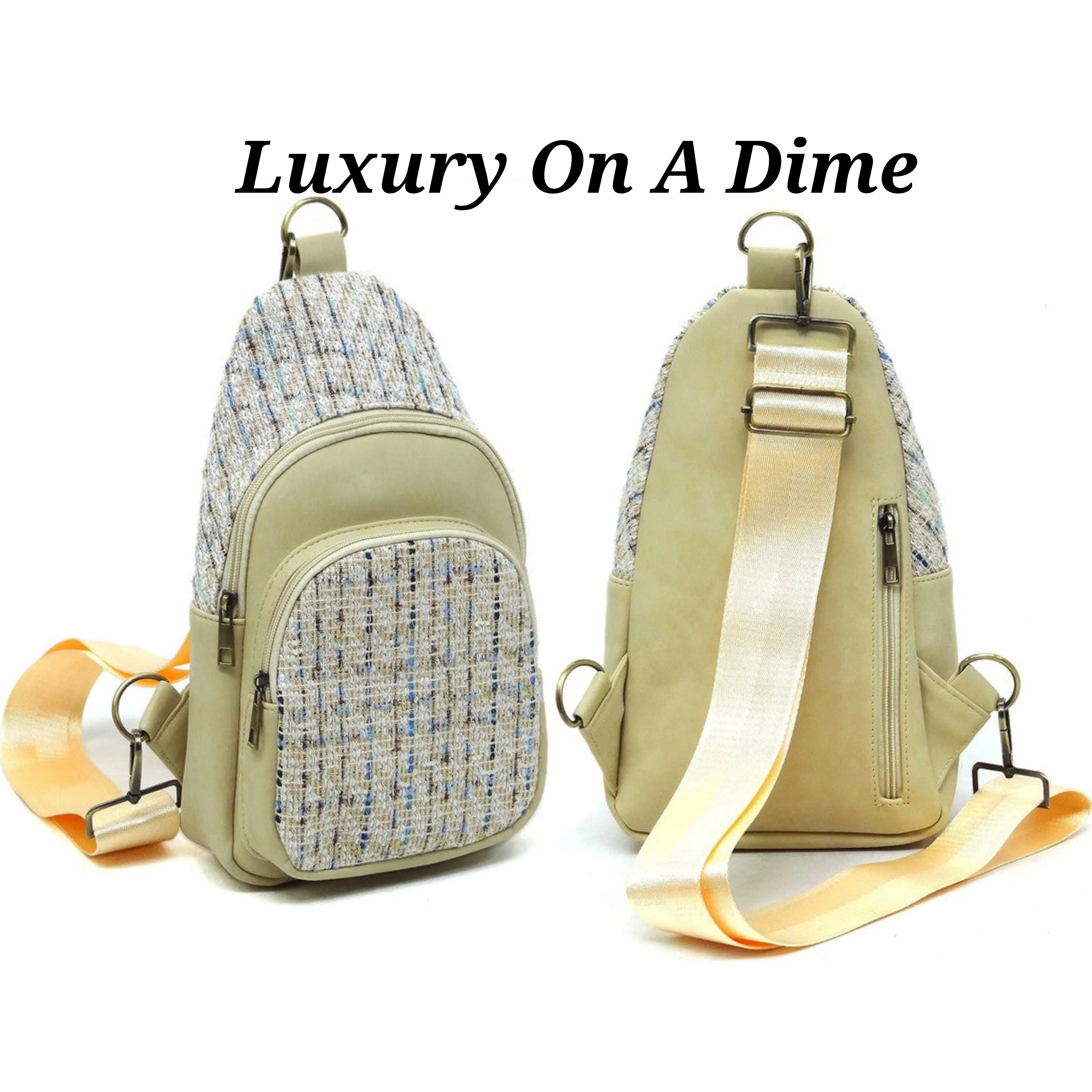 Tweed Retro Vegan Leather Crossbody Sling Shoulder Bag Convertible Wide Strap Purse