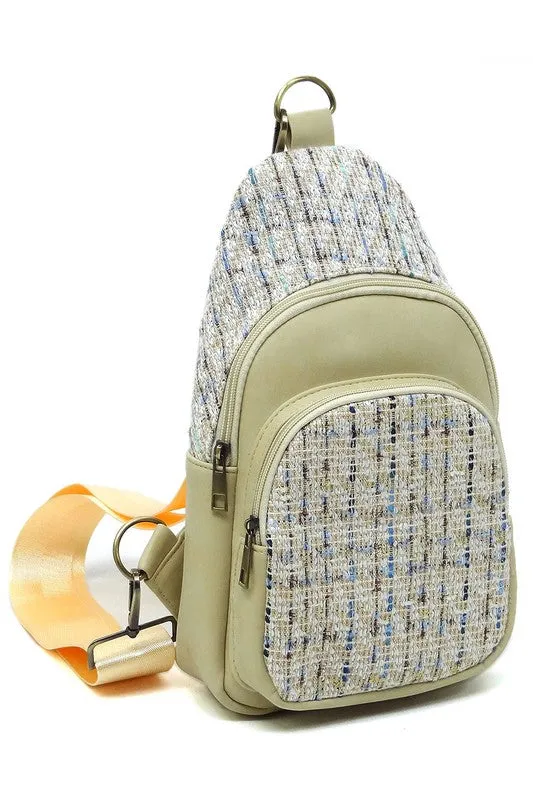Tweed Retro Vegan Leather Crossbody Sling Shoulder Bag Convertible Wide Strap Purse