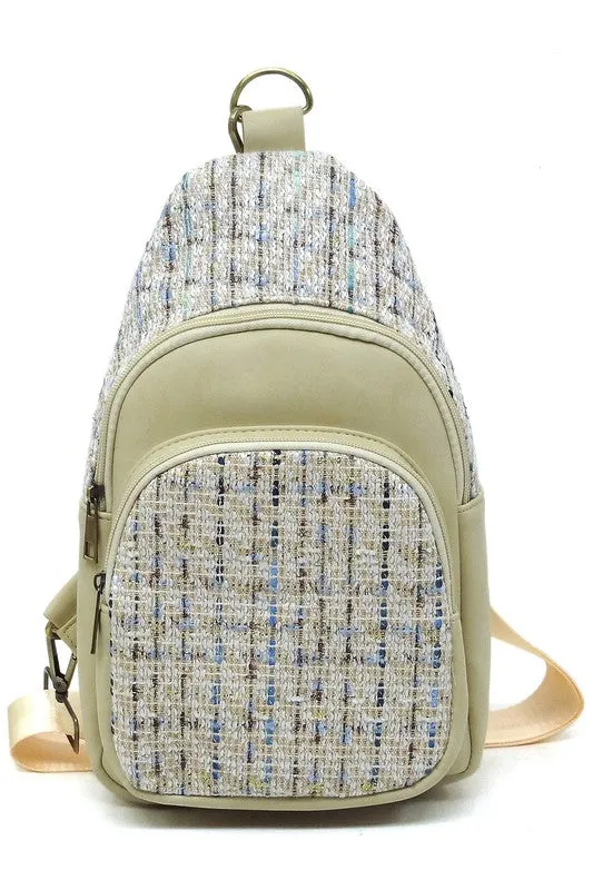Tweed Retro Vegan Leather Crossbody Sling Shoulder Bag Convertible Wide Strap Purse