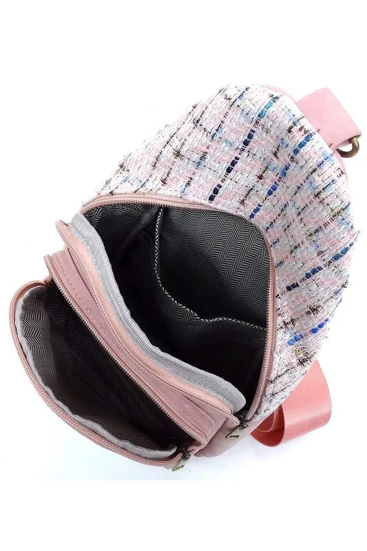 Tweed Retro Vegan Leather Crossbody Sling Shoulder Bag Convertible Wide Strap Purse