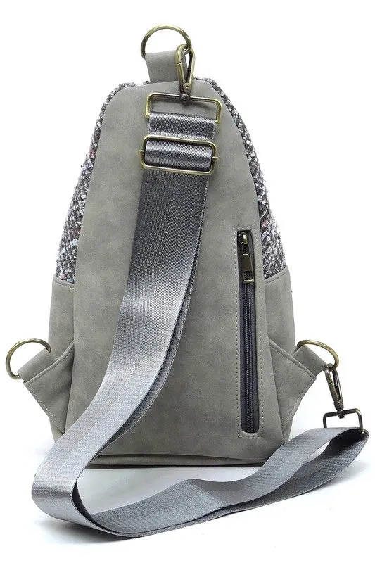 Tweed Retro Vegan Leather Crossbody Sling Shoulder Bag Convertible Wide Strap Purse
