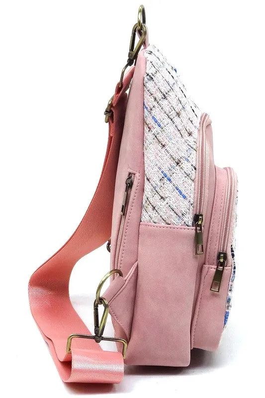 Tweed Retro Vegan Leather Crossbody Sling Shoulder Bag Convertible Wide Strap Purse