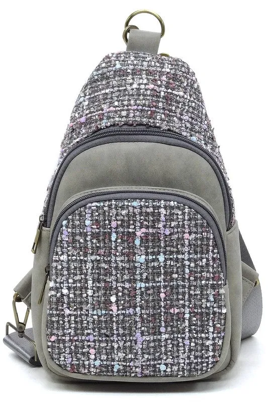 Tweed Retro Vegan Leather Crossbody Sling Shoulder Bag Convertible Wide Strap Purse