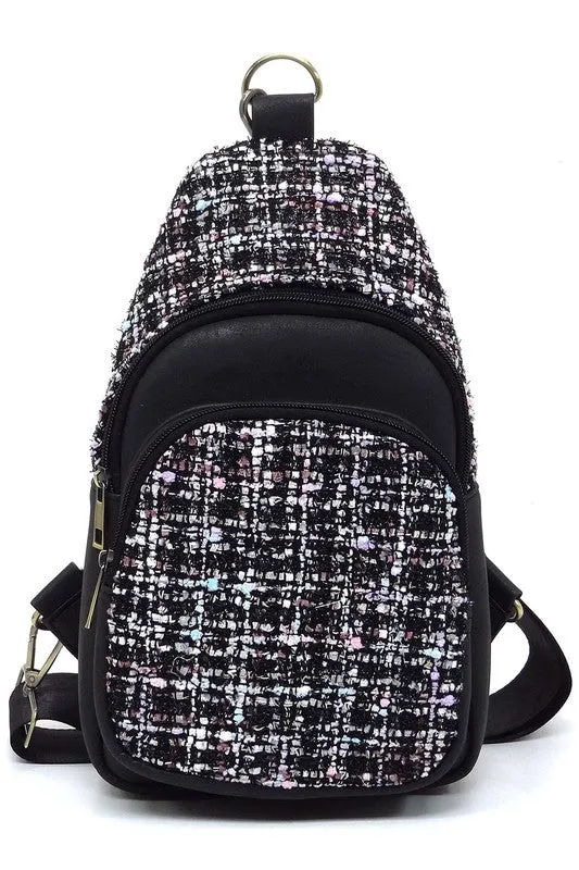 Tweed Retro Vegan Leather Crossbody Sling Shoulder Bag Convertible Wide Strap Purse