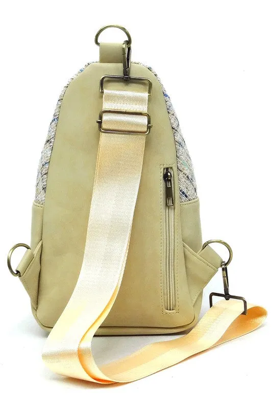 Tweed Retro Vegan Leather Crossbody Sling Shoulder Bag Convertible Wide Strap Purse