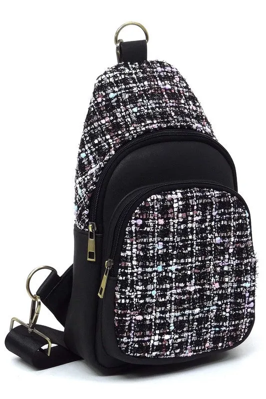 Tweed Retro Vegan Leather Crossbody Sling Shoulder Bag Convertible Wide Strap Purse