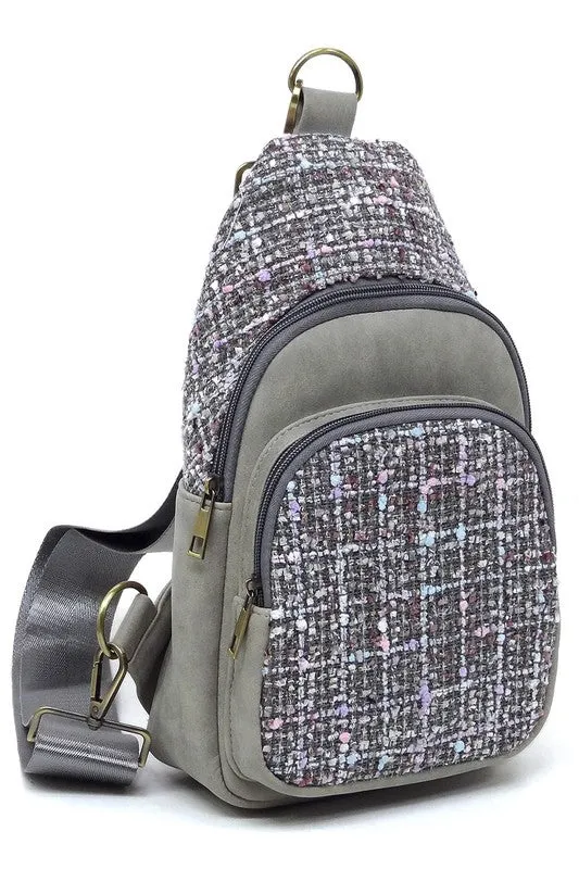 Tweed Retro Vegan Leather Crossbody Sling Shoulder Bag Convertible Wide Strap Purse