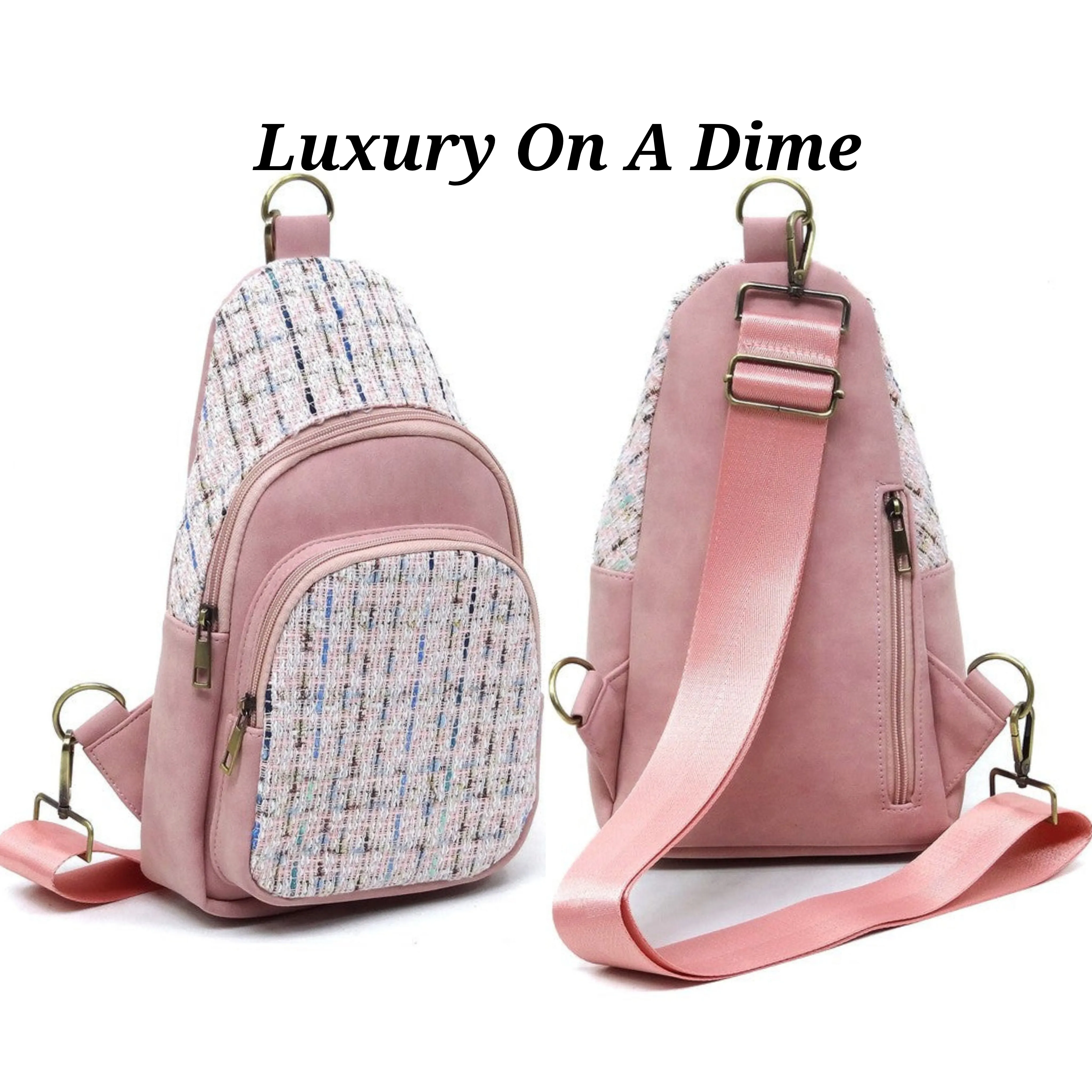 Tweed Retro Vegan Leather Crossbody Sling Shoulder Bag Convertible Wide Strap Purse