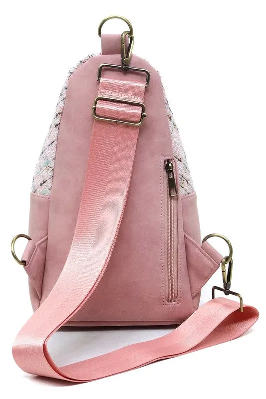 Tweed Retro Vegan Leather Crossbody Sling Shoulder Bag Convertible Wide Strap Purse
