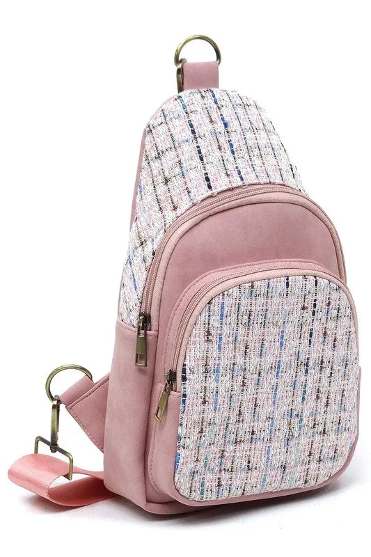 Tweed Retro Vegan Leather Crossbody Sling Shoulder Bag Convertible Wide Strap Purse