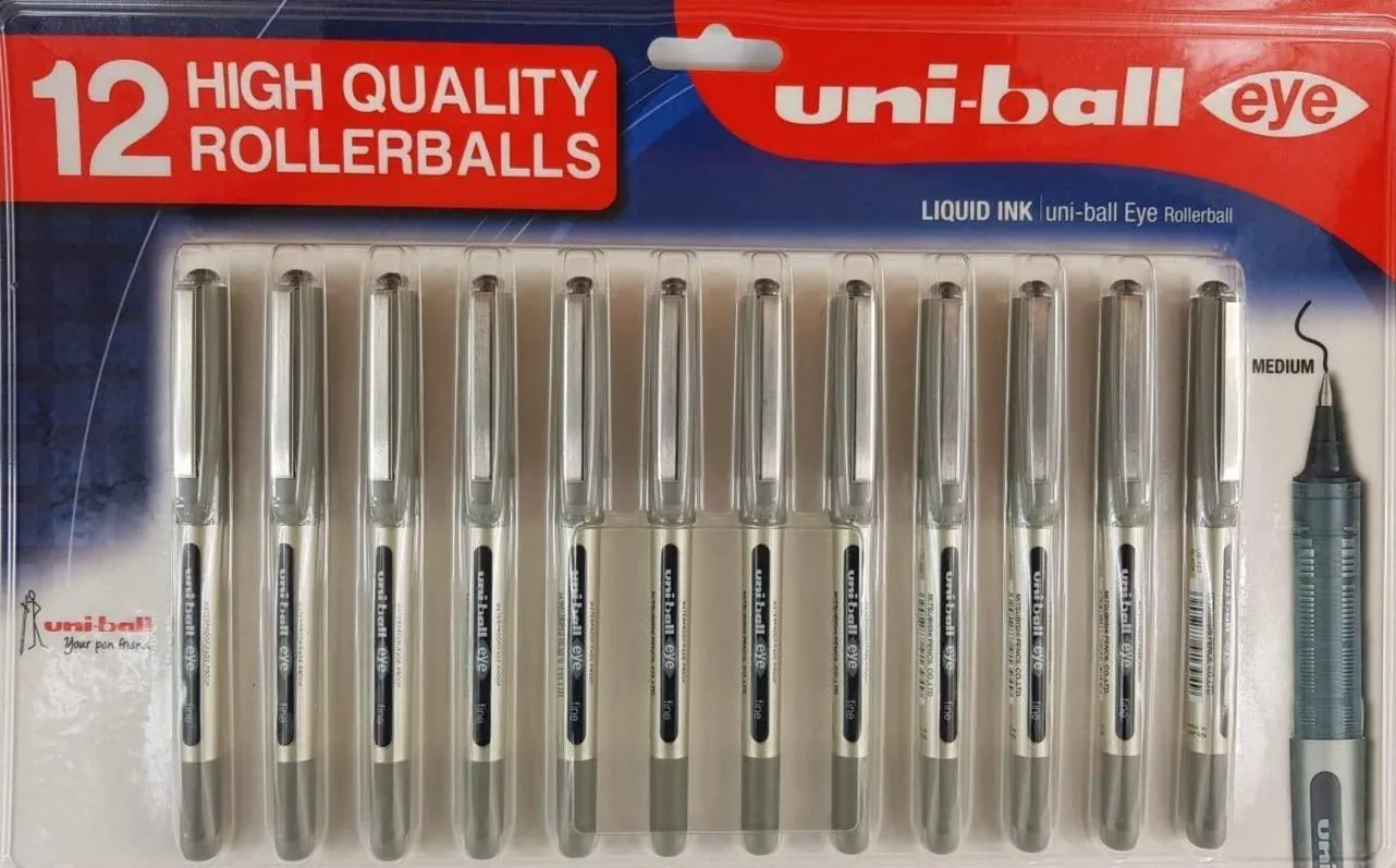 Uni-ball 157 Black Medium Nib Eye Fine Roller ball Pen - Black Pack 12