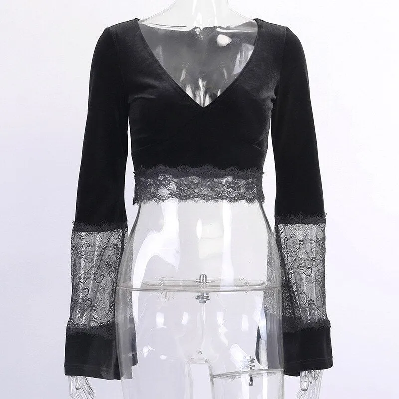 Velvet Lace Insert Crop Top