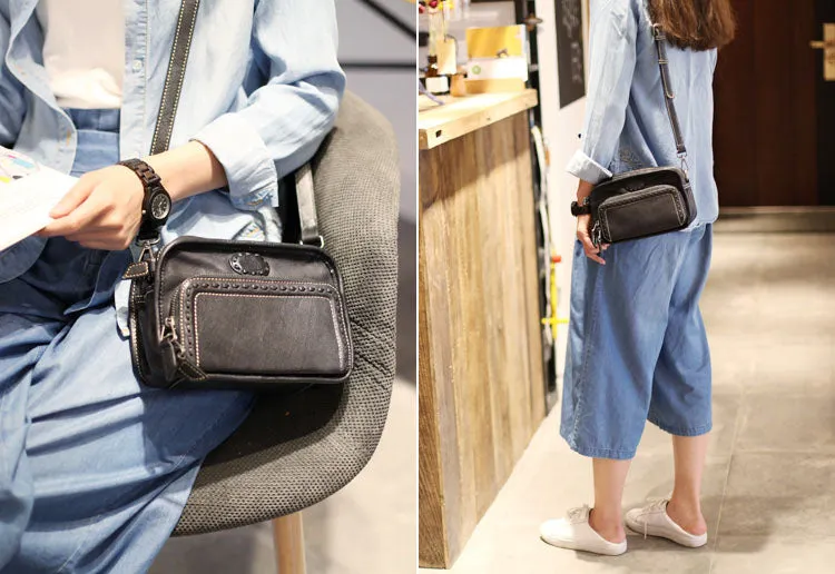 Vintage Womens Cowhide Leather Crossbody Purse Black Shoulder Purse For Women