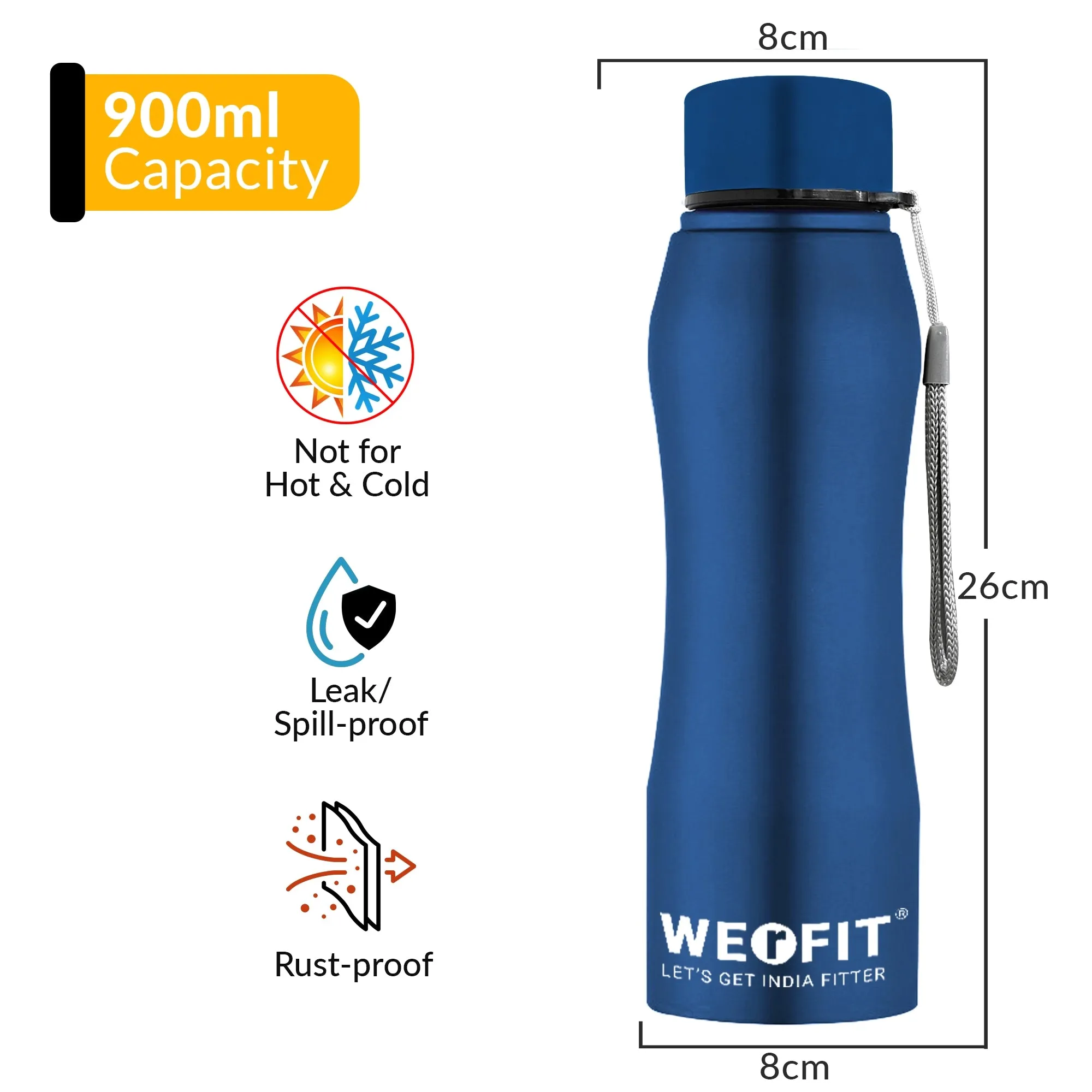 WErFIT Stainless Steel Water Bottle for Gym Park Cycling Yoga Office School Sports 900 ml Shaker  (Pack of 1, Blue, Steel)