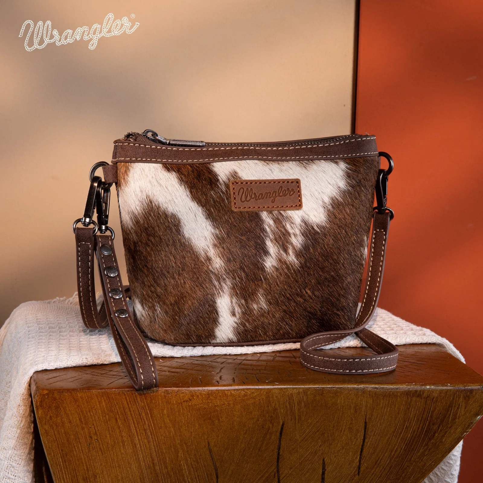 WG169-1812  Wrangler Genuine Hair-On Cowhide Crossbody - Coffee