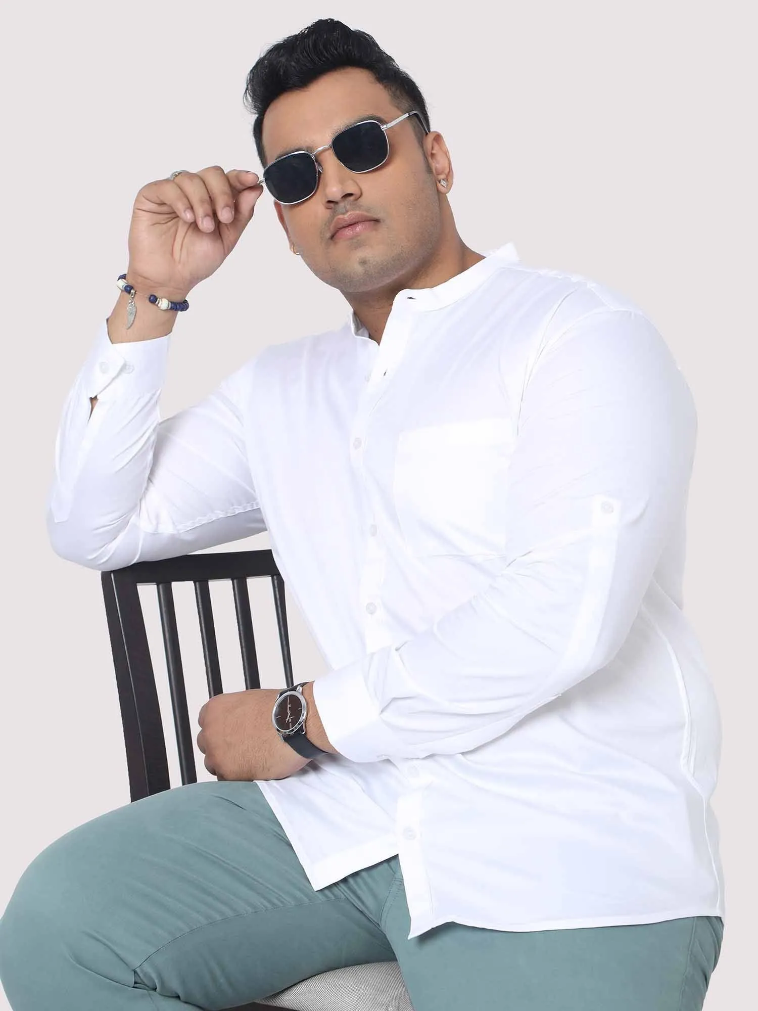 White Mandarin Collar Men's Plus Size Cotton Full Shirt