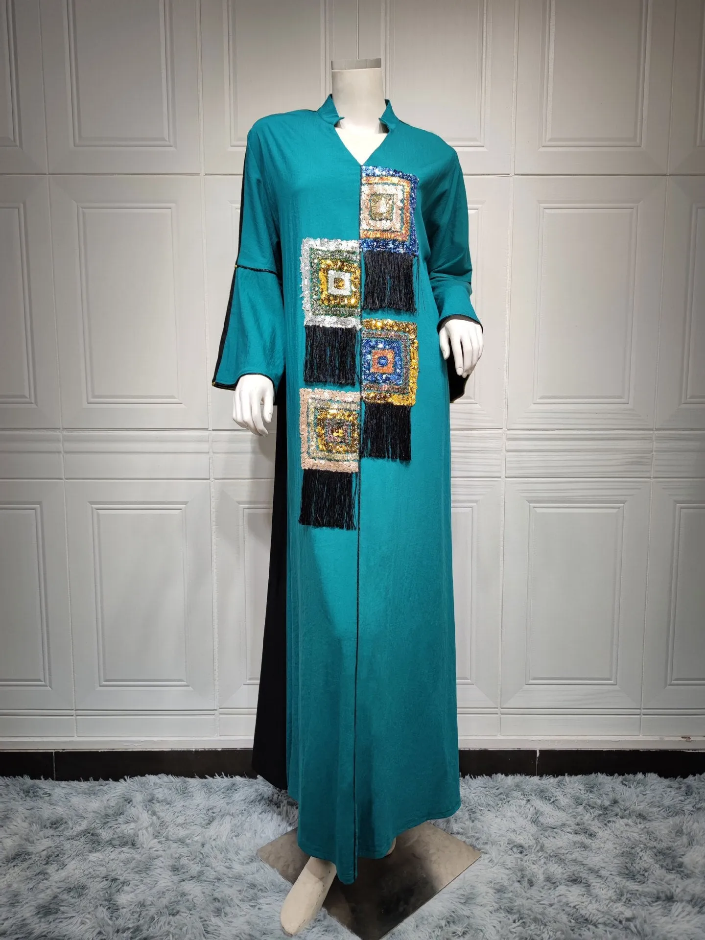 Wjczt Ramadan Eid Dubai Fashion Abayas For Women SequinsAnd Diamonds Ethnic Multi-color Bead Decal Tassel Long Muslim Dress Robe Femme