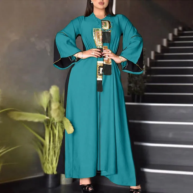 Wjczt Ramadan Eid Dubai Fashion Abayas For Women SequinsAnd Diamonds Ethnic Multi-color Bead Decal Tassel Long Muslim Dress Robe Femme