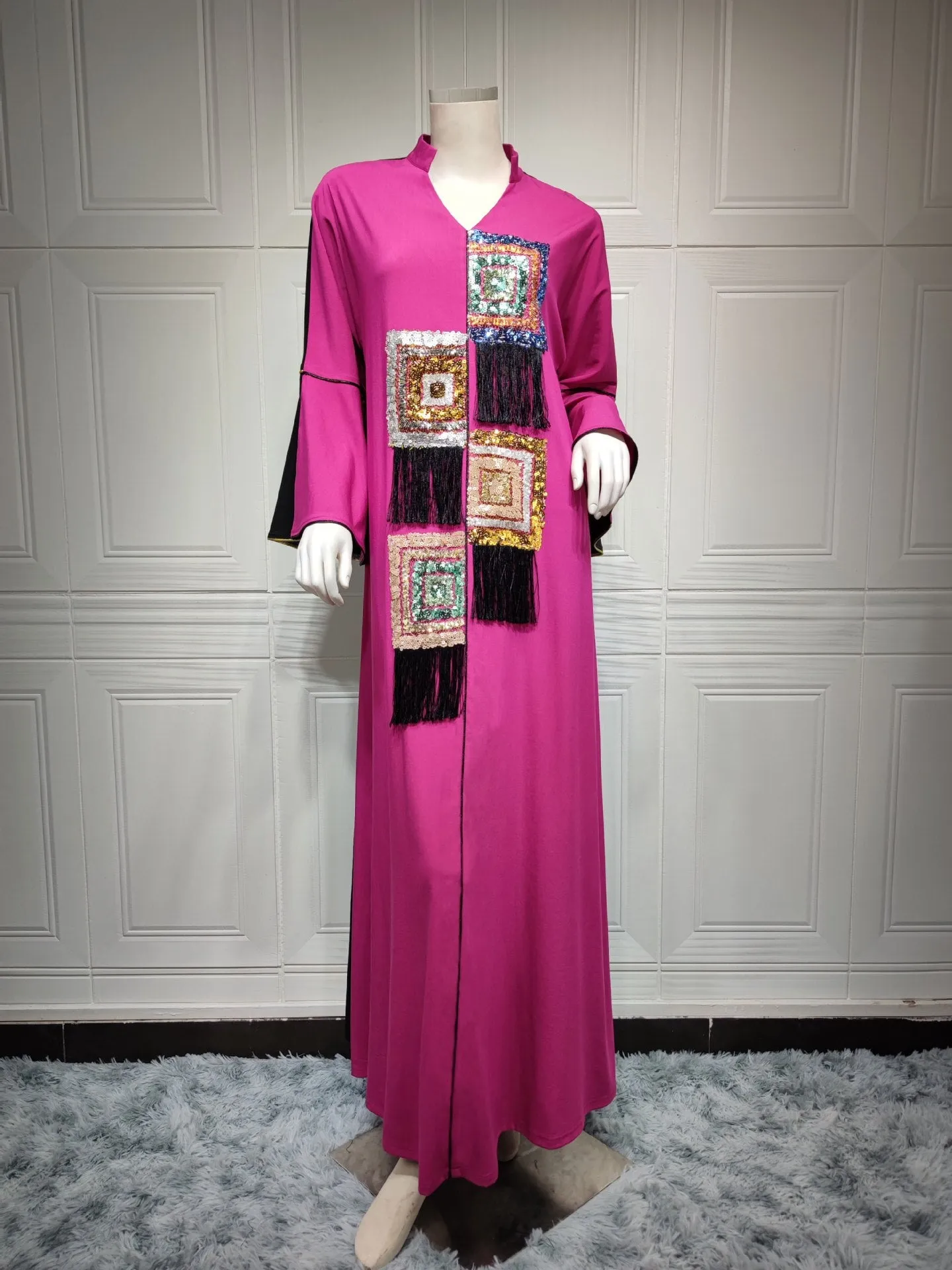 Wjczt Ramadan Eid Dubai Fashion Abayas For Women SequinsAnd Diamonds Ethnic Multi-color Bead Decal Tassel Long Muslim Dress Robe Femme