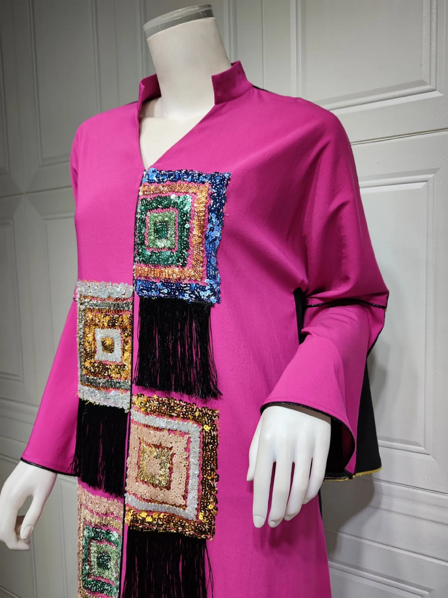Wjczt Ramadan Eid Dubai Fashion Abayas For Women SequinsAnd Diamonds Ethnic Multi-color Bead Decal Tassel Long Muslim Dress Robe Femme