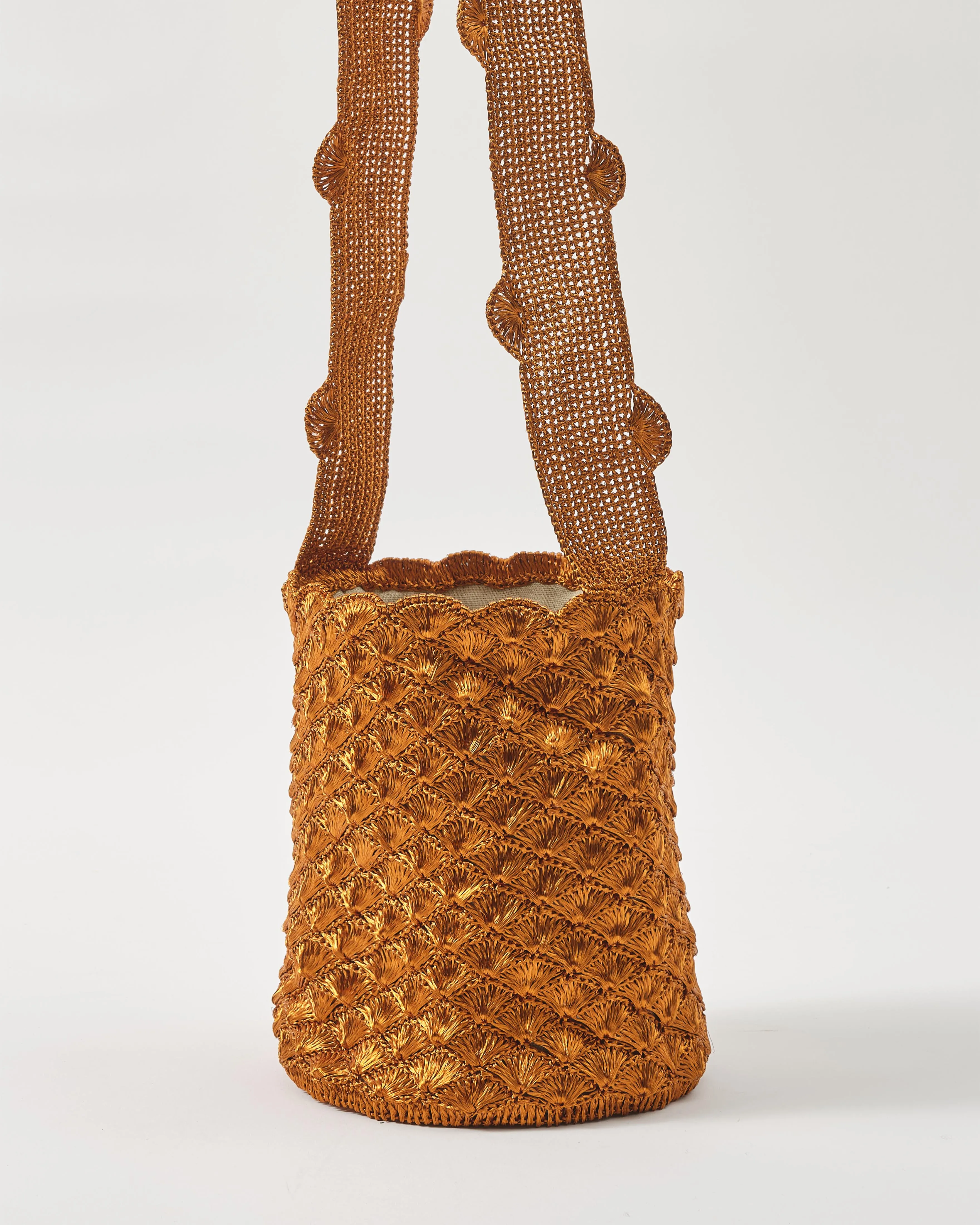 Woven Verdi Seashell Cross Body Bag in Metal Threads, Copper